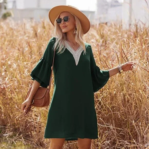 Hotouch | Dresses | 224 Hotouch Dark Green Bell Sleeve Vneck Mini Dress  Size Medium 2793 | Poshmark
